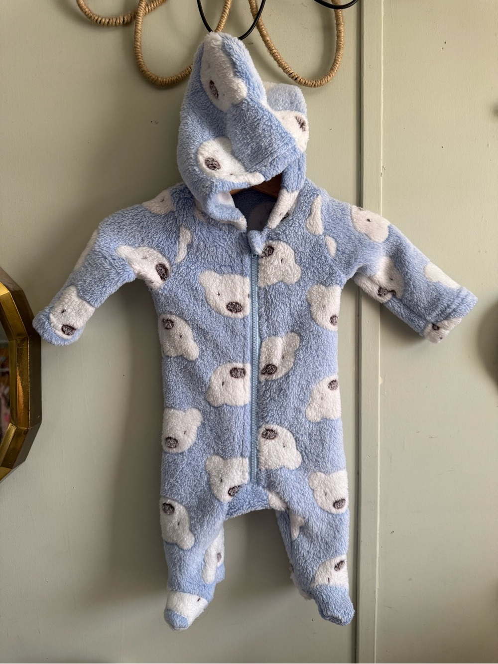 SHEIN Light Blue Plush Bear Hooded One-Piece Footie
